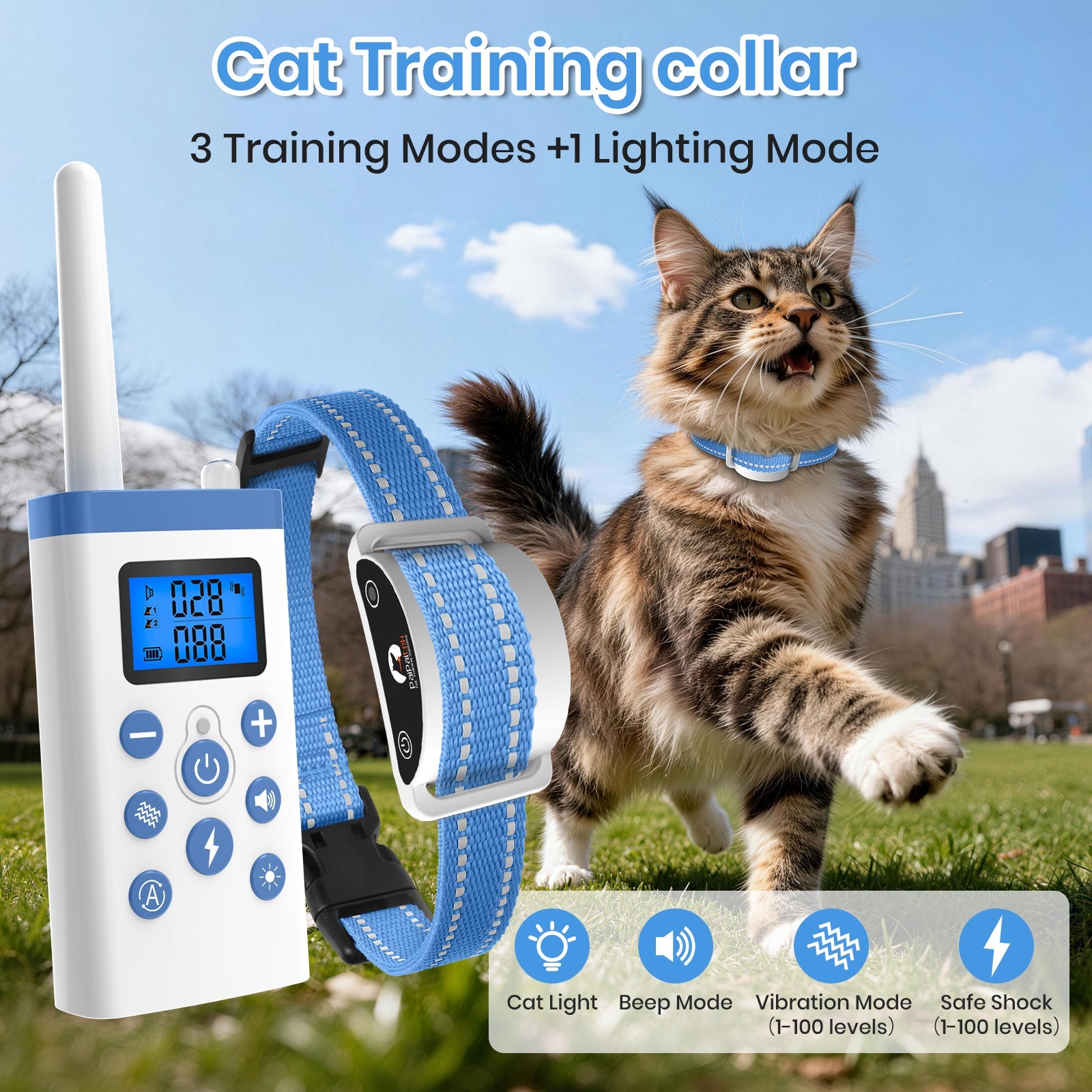 PetJoy Cat Training Collar,Cat Shock Collar with Remote Training Cat Stop Meowing,Remote Control/Automatic Anti-Meow for Cats,Safe and Effective,Blue