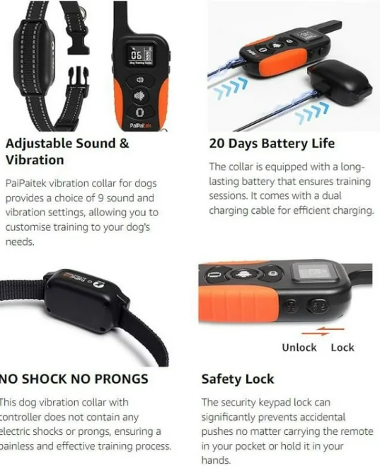 PaiPaitek No Shock Dog Training Collar with Remote 3300ft, Vibrate & Beep, Waterproof Rechargeable