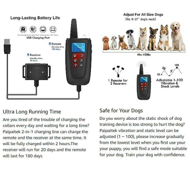 Paipaitek Dog Shock Collar with Remote,3300Ft Range Electric Dog Collar for Large Medium Small Dogs,IPX7 Waterproof Dog Training Collar-3 Modes Beep,Vibration,Shock