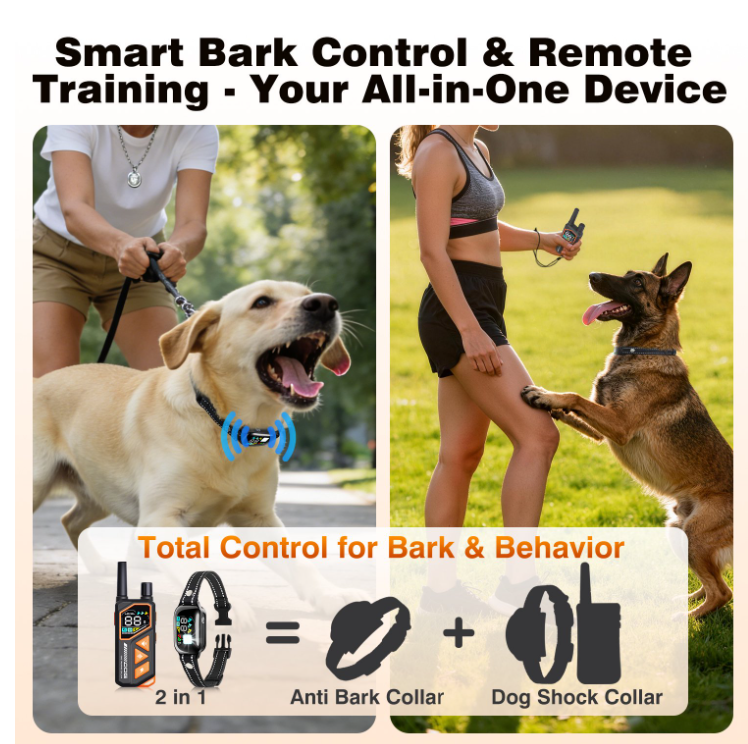 PetJoy 2 in 1 Dog Shock Collar with Remote Control，3300Ft Dog Training Collar with Beep Vibration Static Anti Barking，IPX7 Waterproof Bark Collar for Large Small Dogs with Flashlight,2 Count