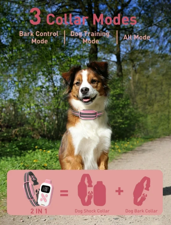 Dog Training Collar with Remote，2-in-1 Bark and Shock Collar for Dogs，Automatic Bark Collar with Remote, Dog Shock Collar with Vibration, Beep, Shock and Automatic,Pink