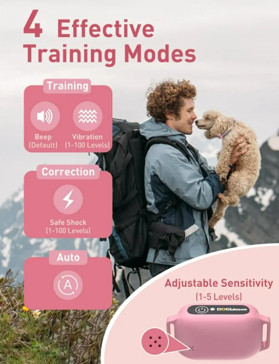 Dog Training Collar with Remote，2-in-1 Bark and Shock Collar for Dogs，Automatic Bark Collar with Remote, Dog Shock Collar with Vibration, Beep, Shock and Automatic,Pink