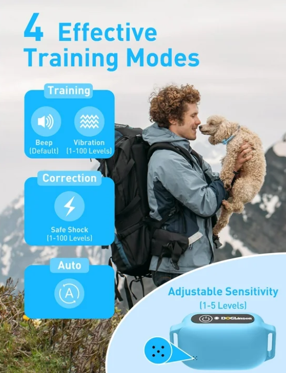 PetJoy Dog Shock Collar with Romote Control,2-in-1 Bark and Shock Collar for Dogs with 4 Modes，2800ft Dog Training Collar with Remote-Vibration, Beep, Shock and Anti-barking,Blue