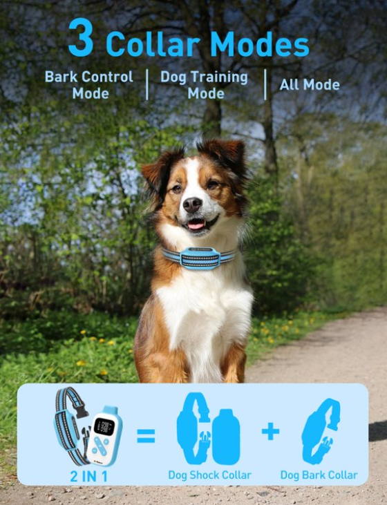 PetJoy Dog Shock Collar with Romote Control,2-in-1 Bark and Shock Collar for Dogs with 4 Modes，2800ft Dog Training Collar with Remote-Vibration, Beep, Shock and Anti-barking,Blue