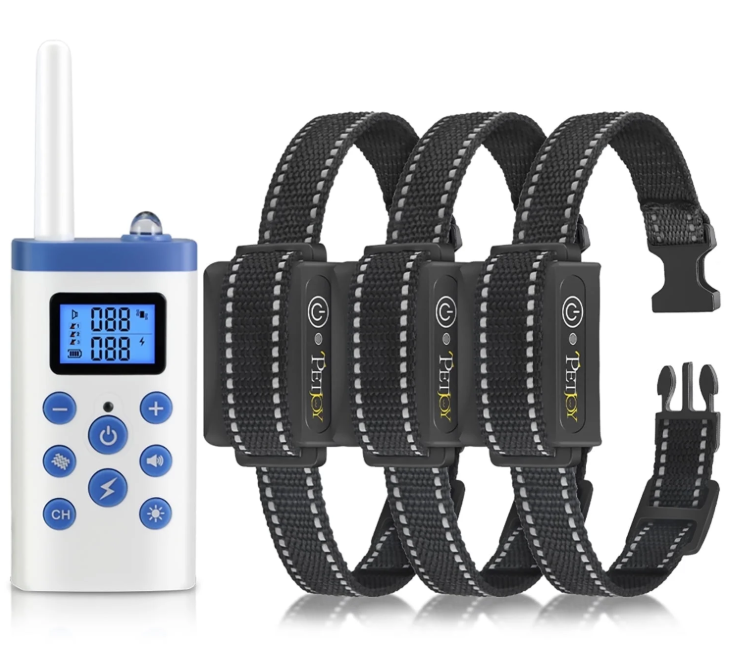 PetJoy Dog Training Collar for 3 Dogs，3 Dog Shock Collar for Large Dogs，Automatic Bark Collar with Remote，Training Collar with Beep, Vibration ,Shock and Flashlight,Level 1-100, 3600 Ft Range，Black