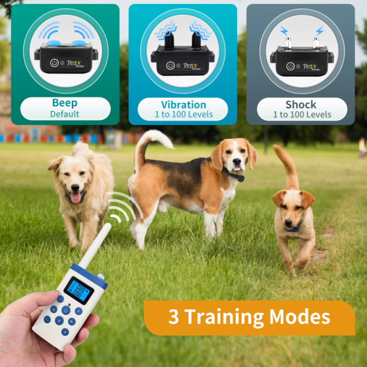 PetJoy Dog Training Collar for 3 Dogs，3 Dog Shock Collar for Large Dogs，Automatic Bark Collar with Remote，Training Collar with Beep, Vibration ,Shock and Flashlight,Level 1-100, 3600 Ft Range，Black