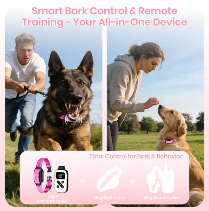 PetJoy Shock Collar for Large Dogs, Bark Collar with Remote, Bark and Training Collar 2 in 1, Auto Bark Collar - Shock, Vibration, Beep and Auto Mode (Level 1-5), Remote Range 2800 Ft,Pink