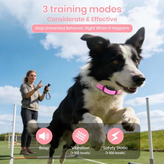 PetJoy Shock Collar for Large Dogs, Bark Collar with Remote, Bark and Training Collar 2 in 1, Auto Bark Collar - Shock, Vibration, Beep and Auto Mode (Level 1-5), Remote Range 2800 Ft,Pink