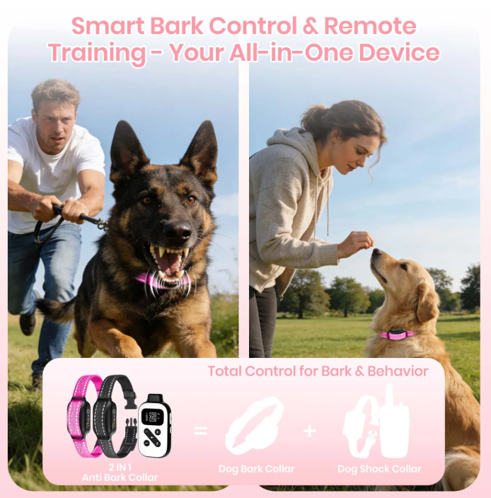 PetJoy Shock Collar for Large Dogs, Bark Collar with Remote, Bark and Training Collar 2 in 1, Auto Bark Collar - Shock, Vibration, Beep and Auto Mode (Level 1-5), Remote Range 2800 Ft