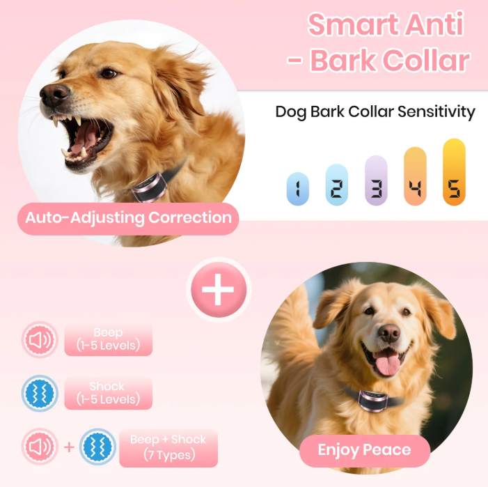 Petjoy Dog Bark Collar,Shock Anti Bark Collar with Beep & Shock,5 Levels,for Dogs 5-120lbs,Waterproof,Pink