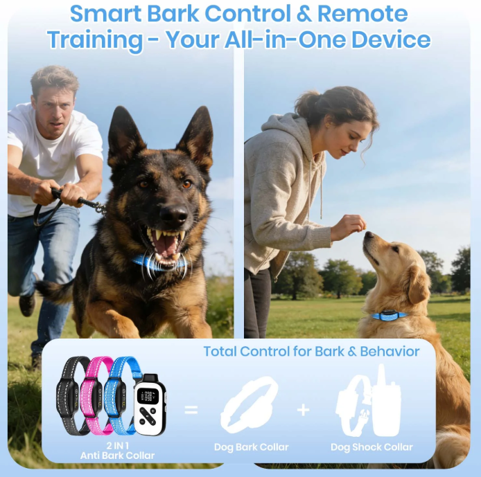 Petjoy Dog Training Collar For 3 Dogs,Dog Shock Collar with Remote,3600Ft Range Training and Auto Anti Bark Collar,3 Modes-Beep,Vibration& Shock,IPX7 Waterproof