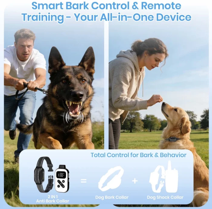 PetJoy Shock Collar for Large Dogs, Bark Collar with Remote, Bark and Training Collar 2 in 1, Auto Bark Collar - Shock, Vibration, Beep and Auto Mode (Level 1-5), Remote Range 2800 Ft,Black