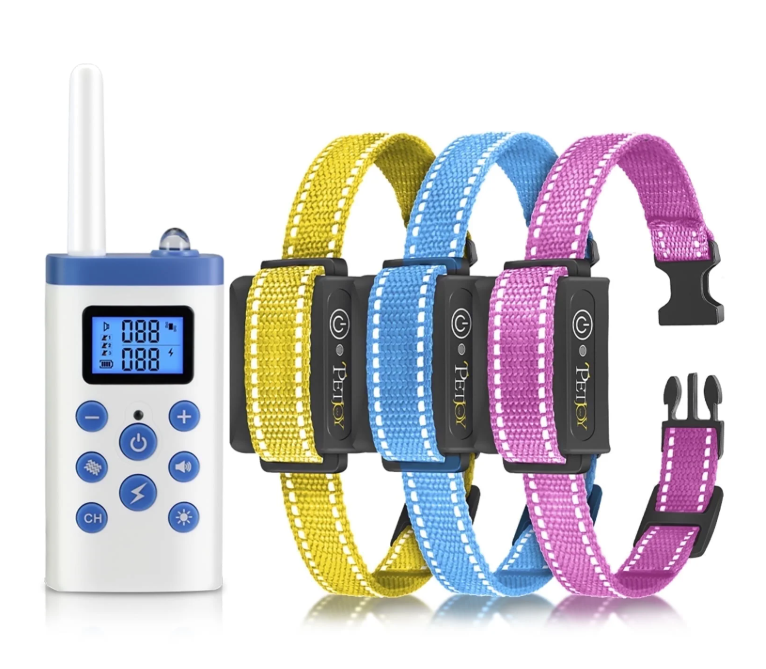 PetJoy 3 Dog Shock Collar for Large Dogs，Dog Training Collar for 3 Dogs，Automatic Bark Collar with Remote，Training Collar with Beep, Vibration ,Shock and Flashlight,Level 1-100, 3600 ft Range