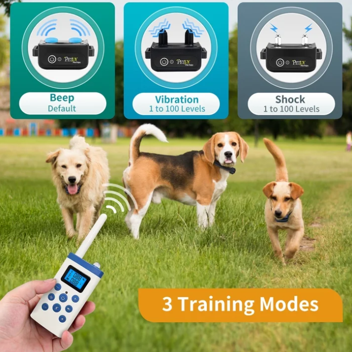 PetJoy 3 Dog Shock Collar for Large Dogs，Dog Training Collar for 3 Dogs，Automatic Bark Collar with Remote，Training Collar with Beep, Vibration ,Shock and Flashlight,Level 1-100, 3600 ft Range