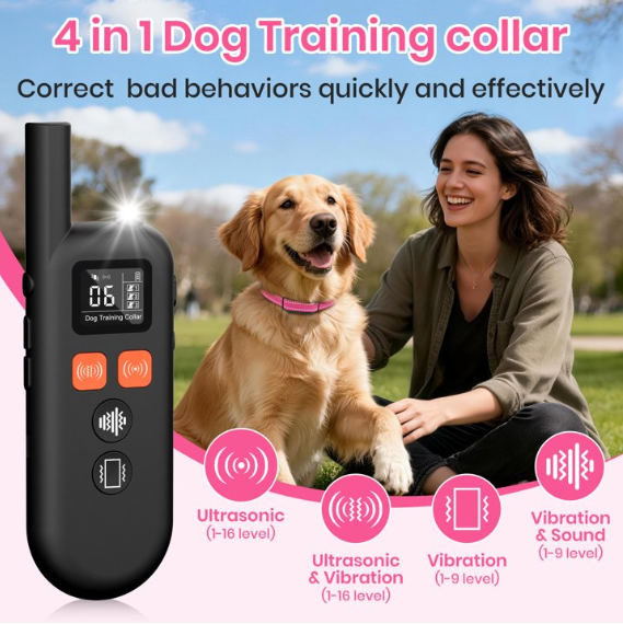 Paipaitek No Shock Dog Training Collar with Remote, 3300ft Long Range, Humane Vibration & Ultrasonic Collar with Beep, Security Lock, No Prongs for Small Medium Large Dogs,Pink