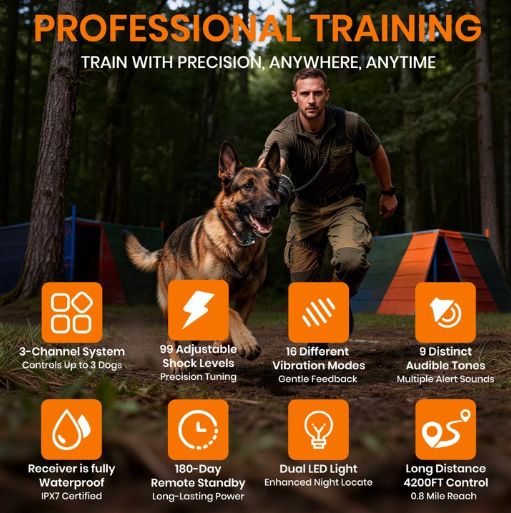 Paipaitek Collar de adiestramiento para perros con mando a distancia, 3 modos de entrenamiento con 124 niveles de corrección, pantalla LED de doble color, collar electrónico recargable con impermeabilidad IPX7 para perros pequeños, medianos y grandes