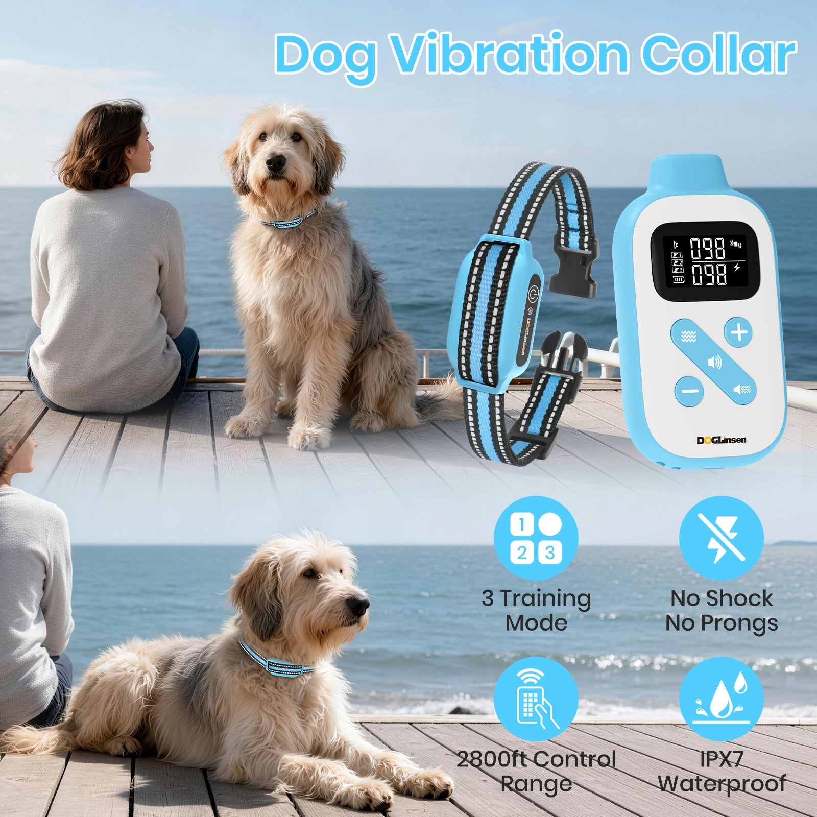 No Shock Dog Training Collar, Beep and Vibrating Dog Collar with Remote 2800Ft, Dog Bark Collar No Shock-Vibration Collar for Small Medium Large Dogs - No Prongs Blue
