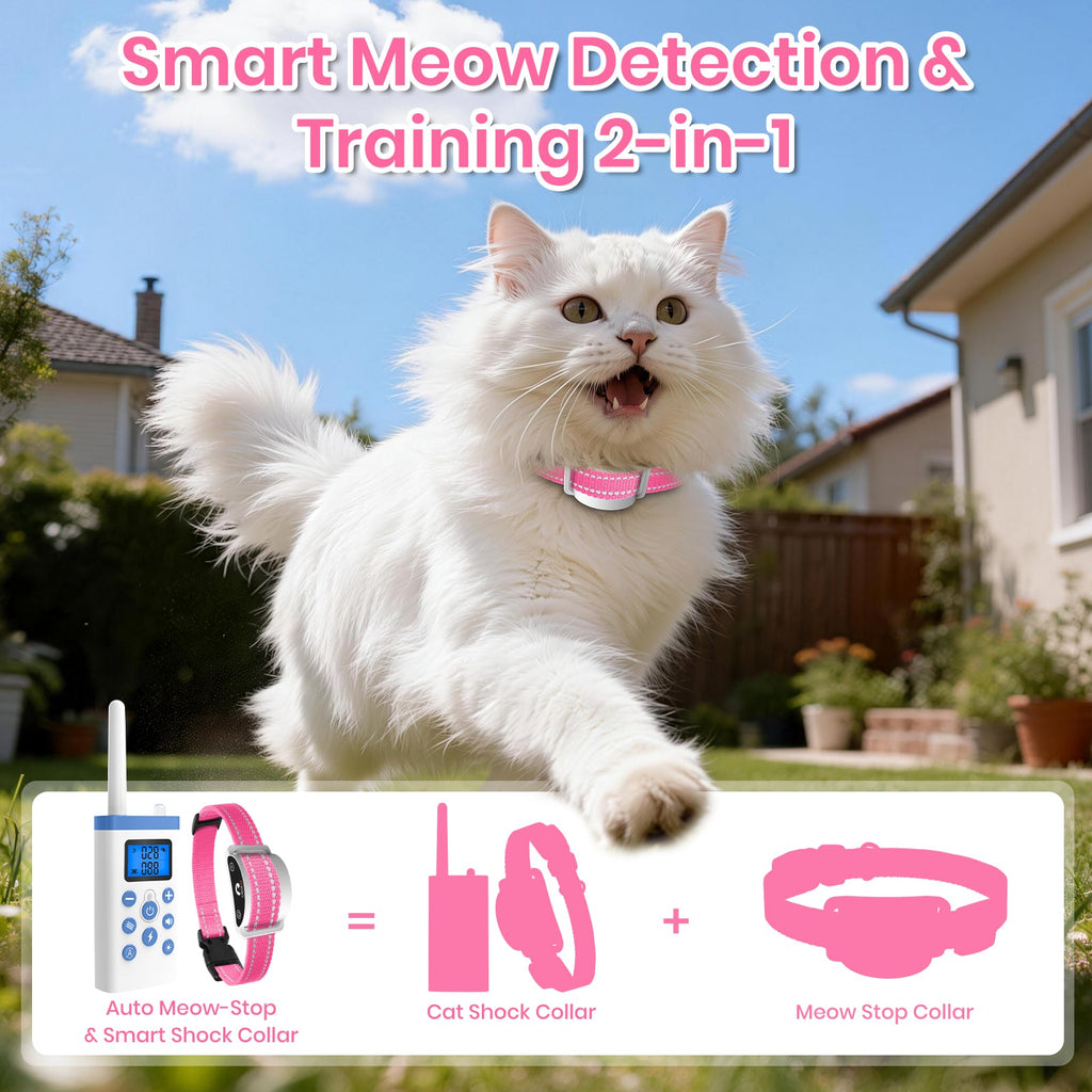PetJoy Cat Shock Collar with Remote,Cat Training Collar for Cat,Cat Meow Collar with 2 Modes Remote Training and Auto Anti-Meow,Safe and Helpful,Pink