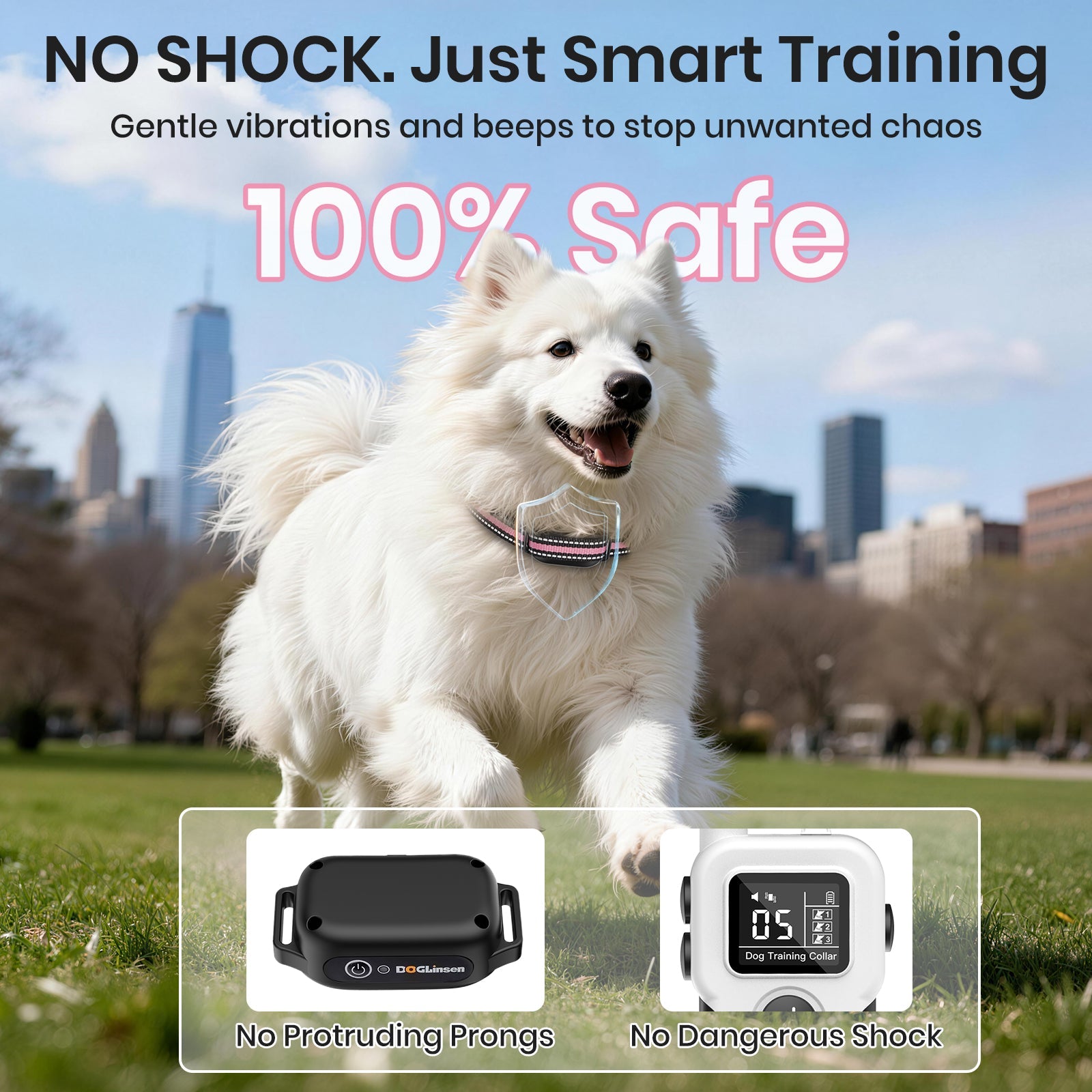 PetJoy No Shock Dog Training Collar with Remote 2 Dogs,3300ft Vibrating Dog Collar with Beep &Vibration,IPX7 Waterproof Dog Bark Collar No Shock for 5-120lbs Dogs，No Prongs