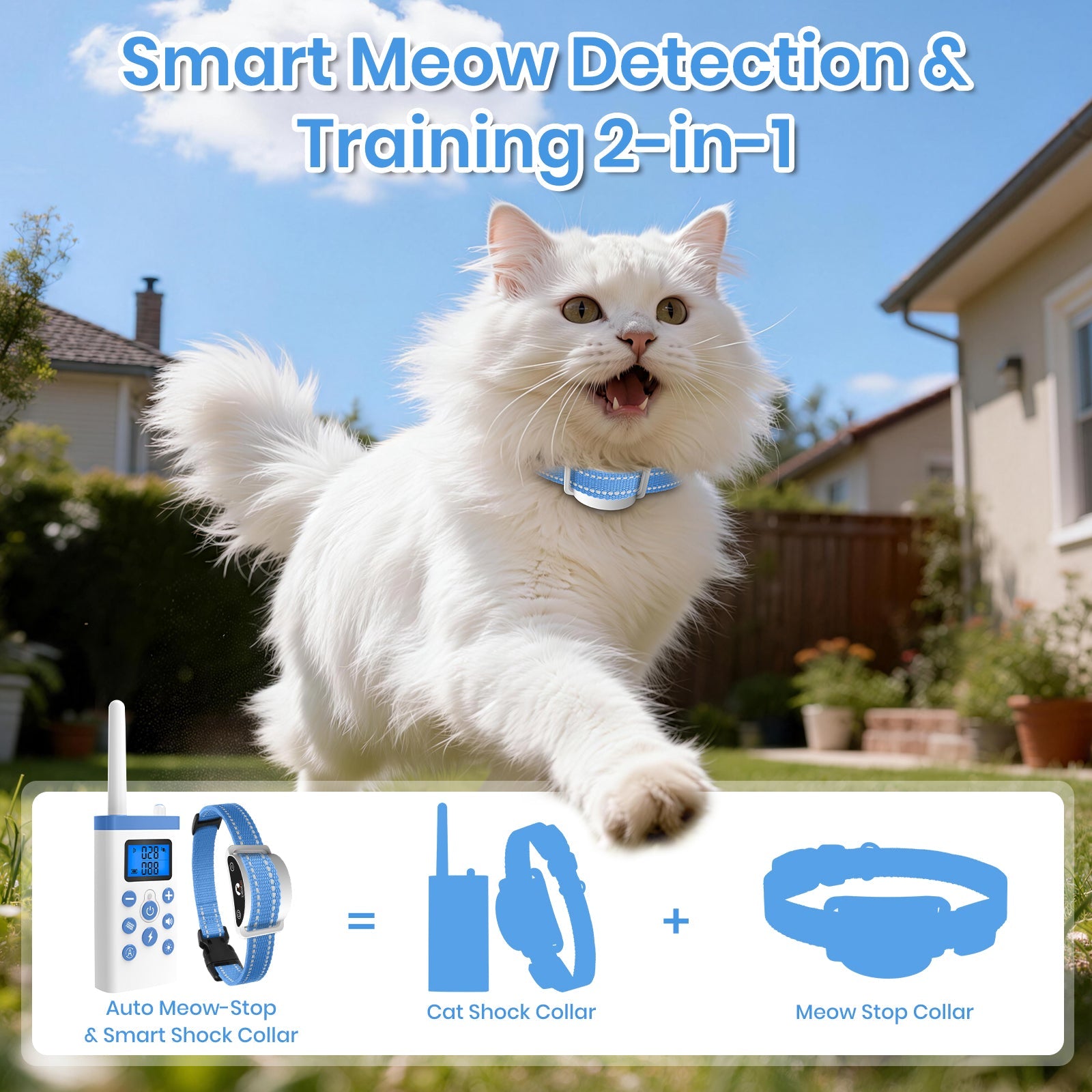 PetJoy Cat Training Collar,Cat Shock Collar with Remote Training Cat Stop Meowing,Remote Control/Automatic Anti-Meow for Cats,Safe and Effective,Blue