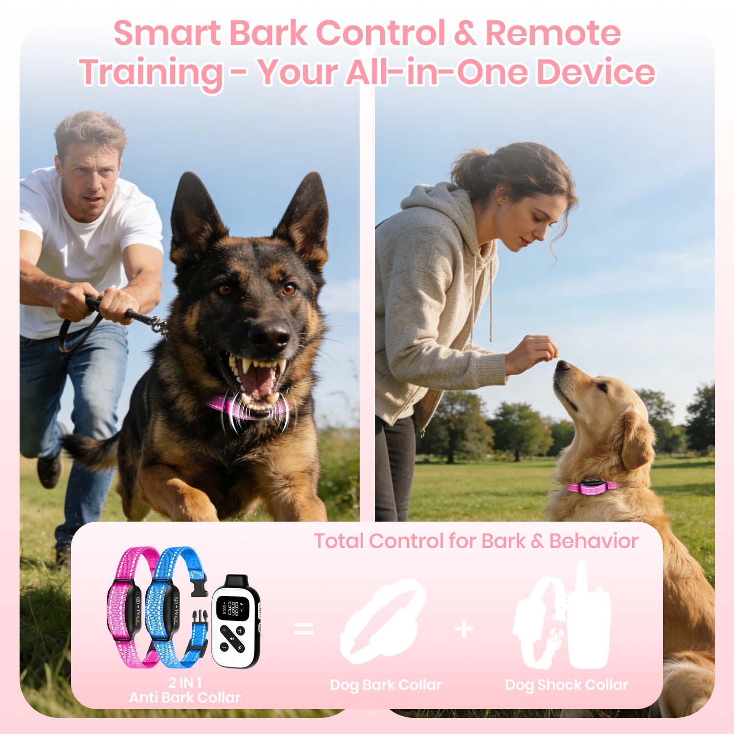 Petjoy Dog Training Collars for 2 Dogs,Shock Collar with Remote for Medium Large Dogs, Rechargeable Auto Bark Collar, 3 Training Mode, Remote Range 2800 Ft,IPX7 Waterproof