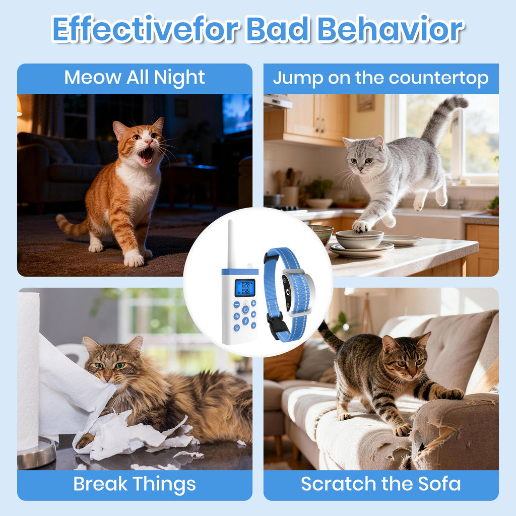 PetJoy Cat Training Collar,Cat Shock Collar with Remote Training Cat Stop Meowing,Remote Control/Automatic Anti-Meow for Cats,Safe and Effective,Blue