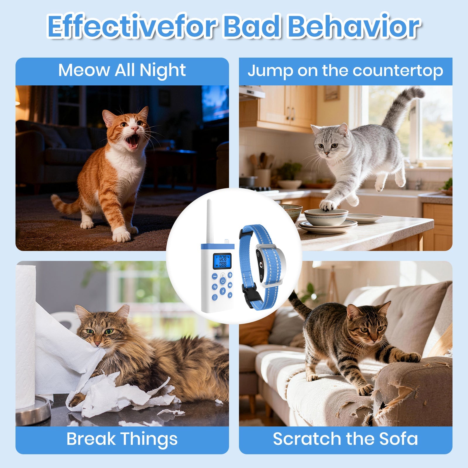 PetJoy Cat Training Collar,Cat Shock Collar with Remote Training Cat Stop Meowing,Remote Control/Automatic Anti-Meow for Cats,Safe and Effective,Blue