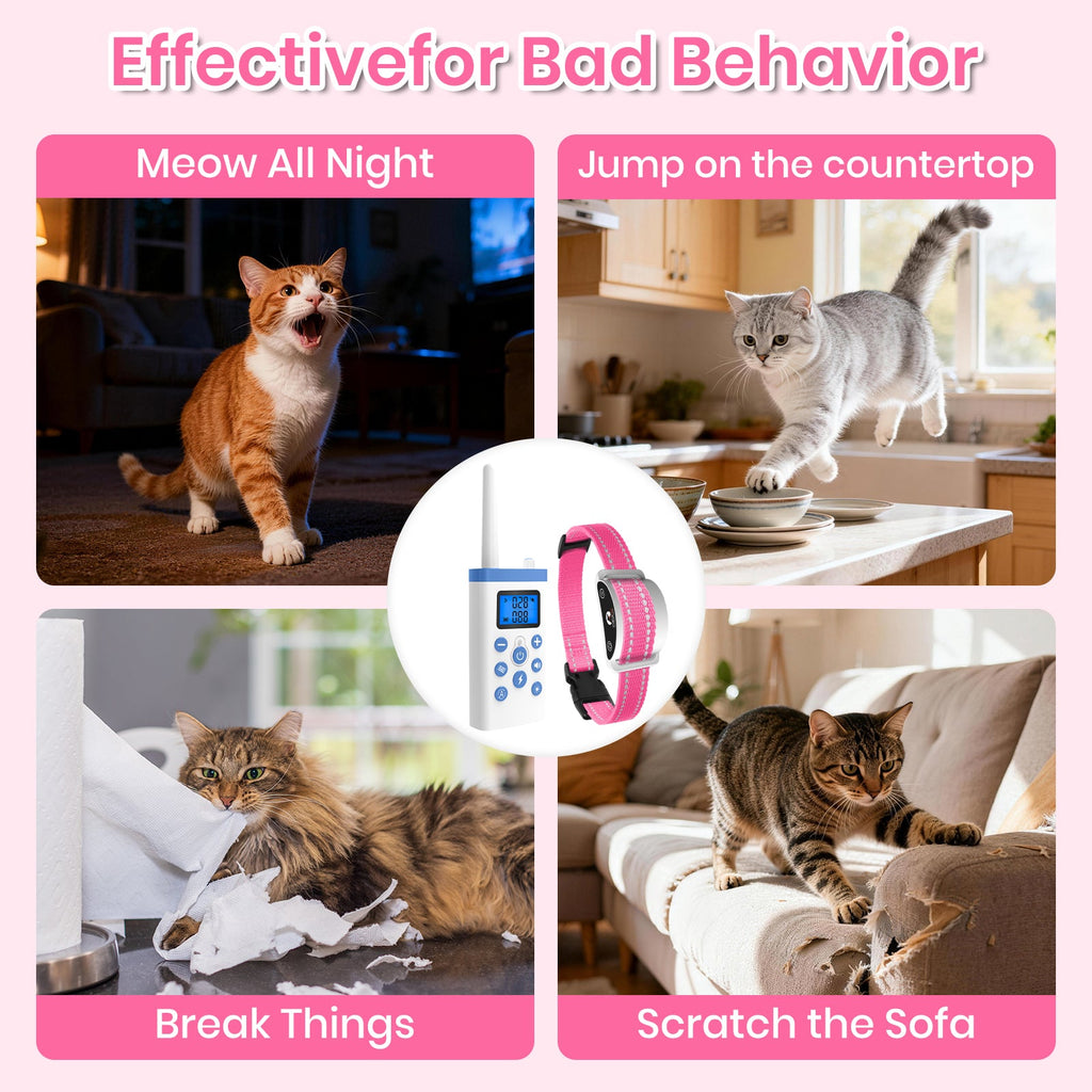 PetJoy Cat Shock Collar with Remote,Cat Training Collar for Cat,Cat Meow Collar with 2 Modes Remote Training and Auto Anti-Meow,Safe and Helpful,Pink