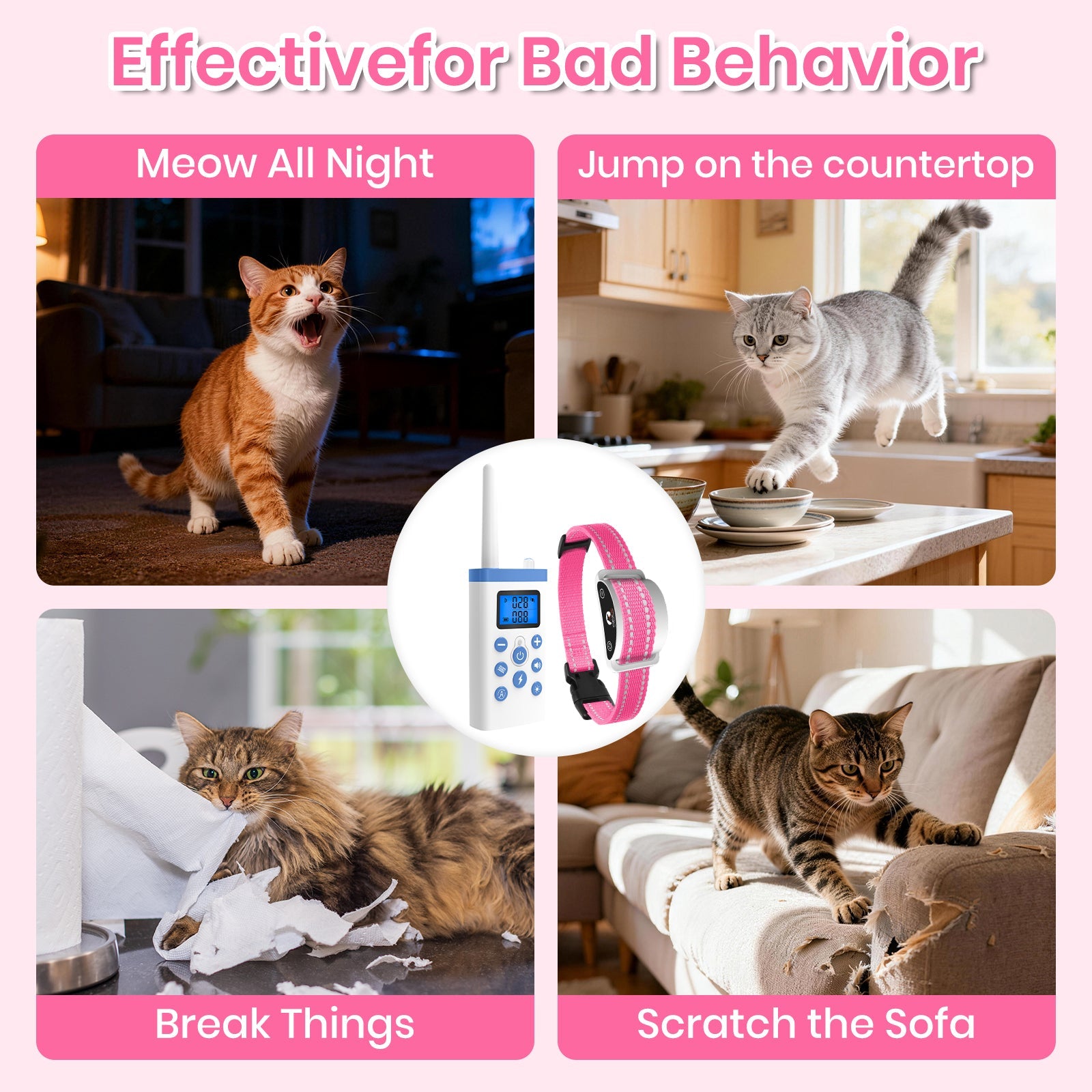 PetJoy Cat Shock Collar with Remote,Cat Training Collar for Cat,Cat Meow Collar with 2 Modes Remote Training and Auto Anti-Meow,Safe and Helpful,Pink