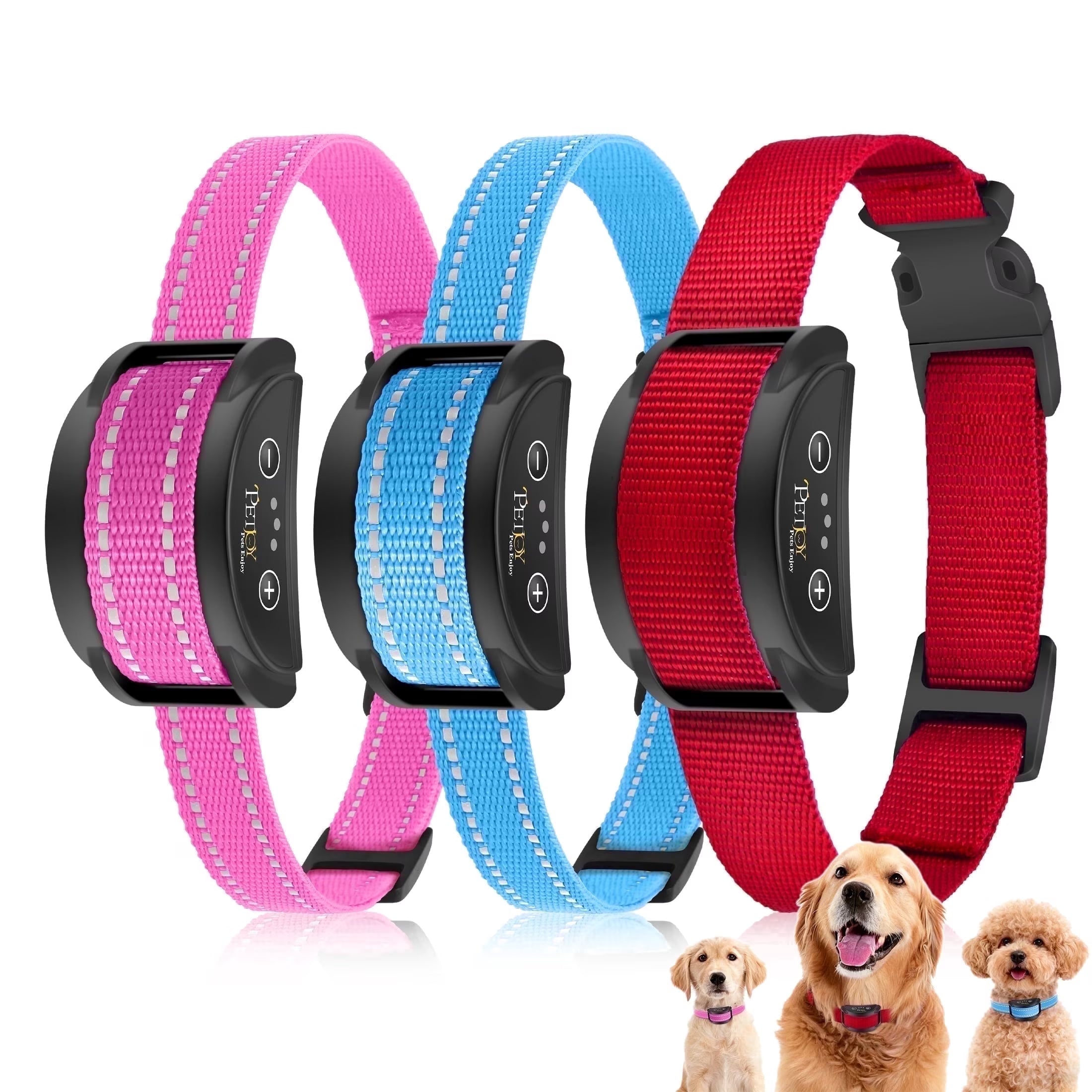 PetJoy 3 Dog Bark Collar，Automatic Barking Dog Shock Collar for Large Small Dogs 8-120lbs,5 Adjustable Levels of Sensitivity，IPX7 Waterproof