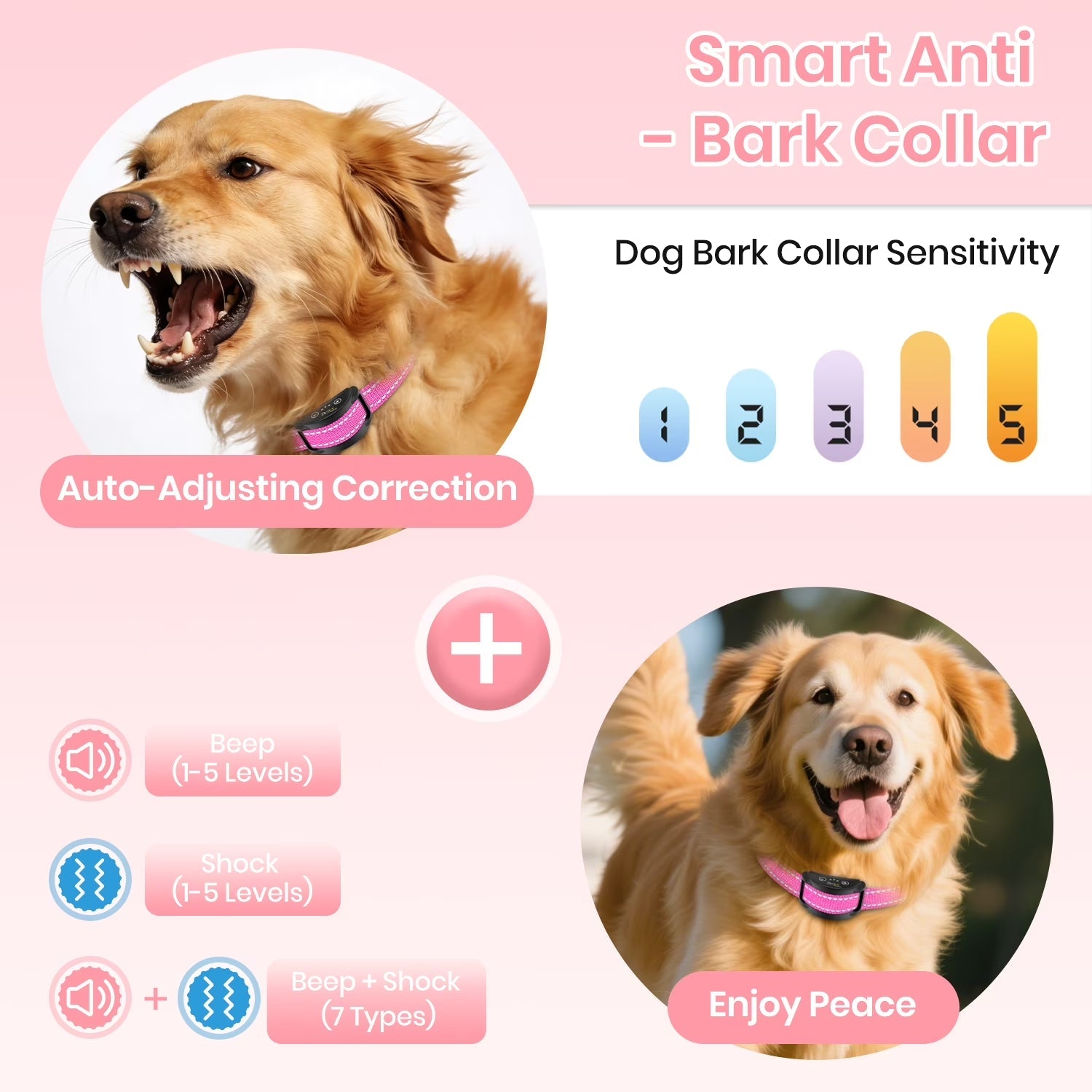 PetJoy 3 Dog Bark Collar，Automatic Barking Dog Shock Collar for Large Small Dogs 8-120lbs,5 Adjustable Levels of Sensitivity，IPX7 Waterproof