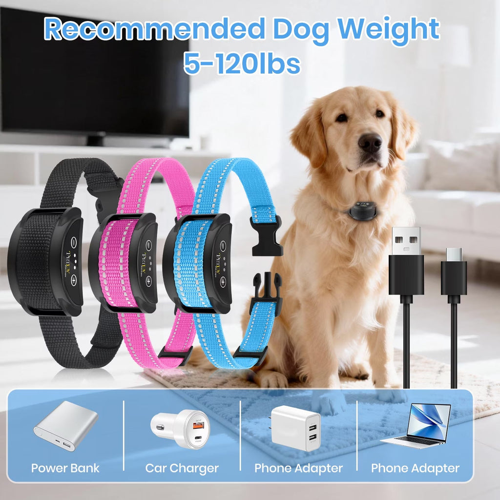 PetJoy 3 Dog Bark Collar，Automatic Barking Dog Shock Collar for Large Small Dogs 8-120lbs,5 Adjustable Levels of Sensitivity，IPX7 Waterproof