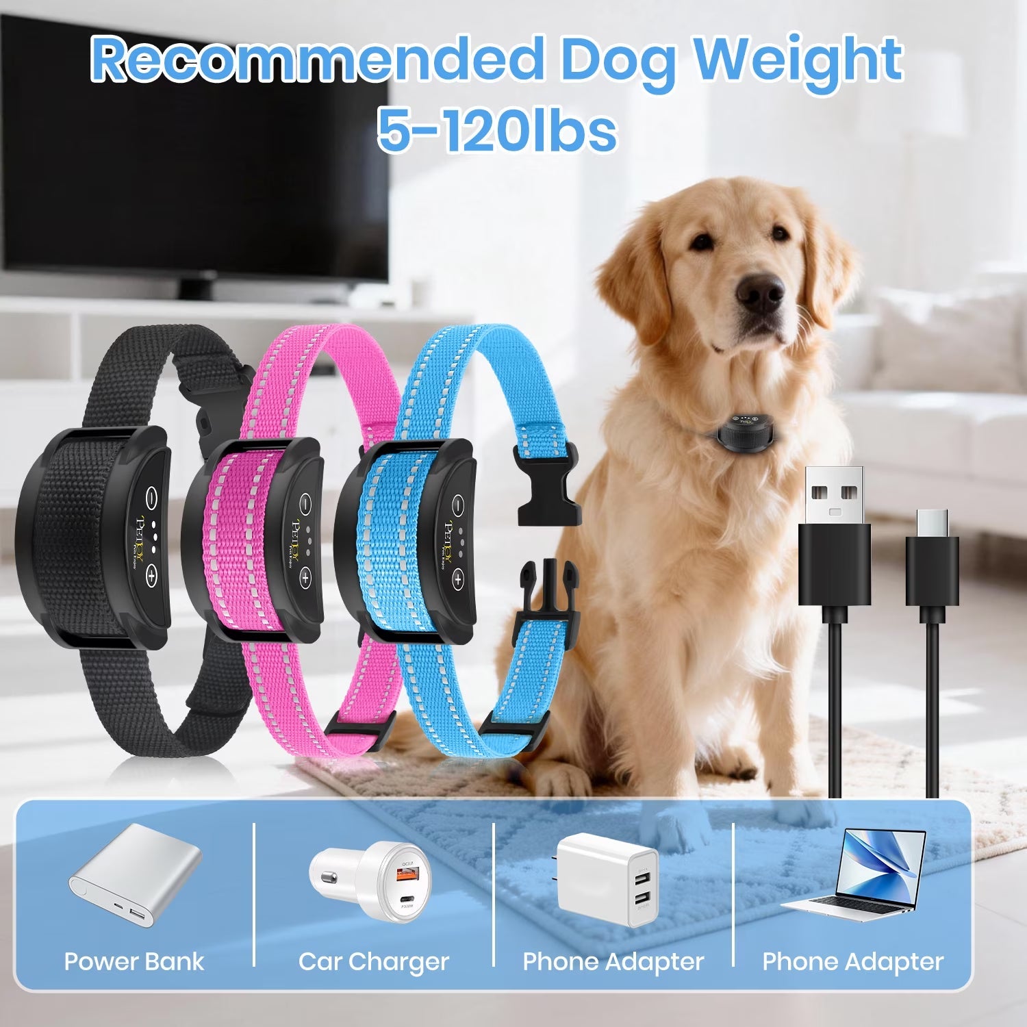 PetJoy 3 Dog Bark Collar，Automatic Barking Dog Shock Collar for Large Small Dogs 8-120lbs,5 Adjustable Levels of Sensitivity，IPX7 Waterproof