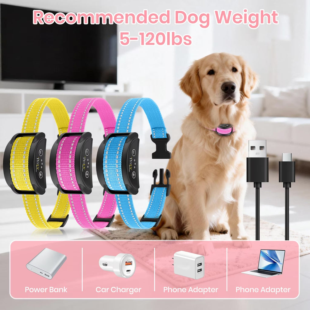 PetJoy 3 Dog Bark Collar，Automatic Barking Dog Shock Collar for Large Small Dogs 8-120lbs,5 Adjustable Levels of Sensitivity，IPX7 Waterproof