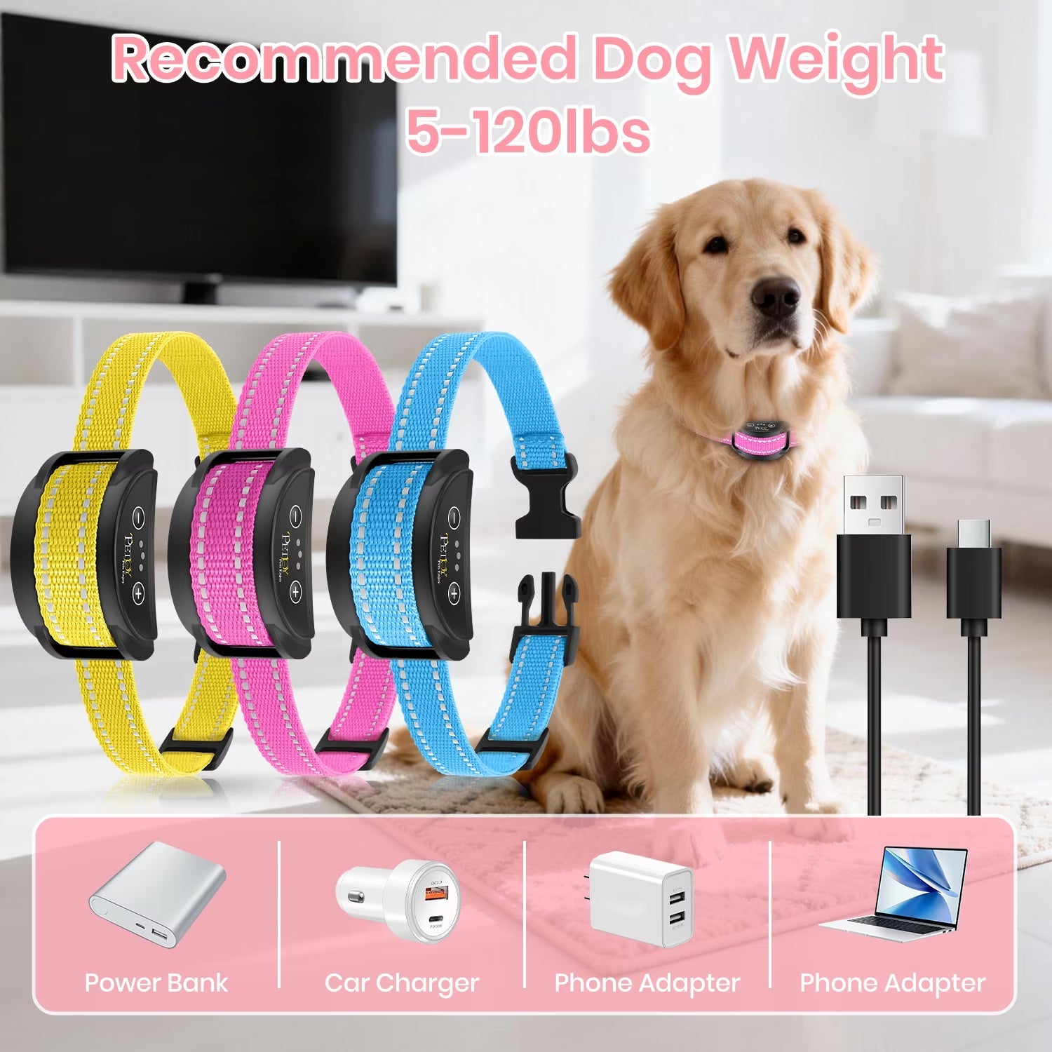 PetJoy 3 Dog Bark Collar，Automatic Barking Dog Shock Collar for Large Small Dogs 8-120lbs,5 Adjustable Levels of Sensitivity，IPX7 Waterproof